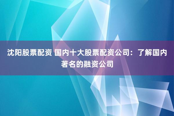 沈阳股票配资 国内十大股票配资公司：了解国内著名的融资公司